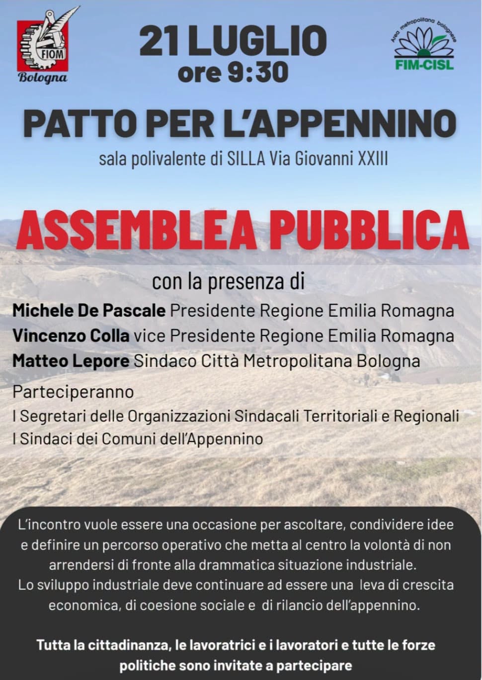 Patto per l'Appennino: il 21 luglio assemblea pubblica