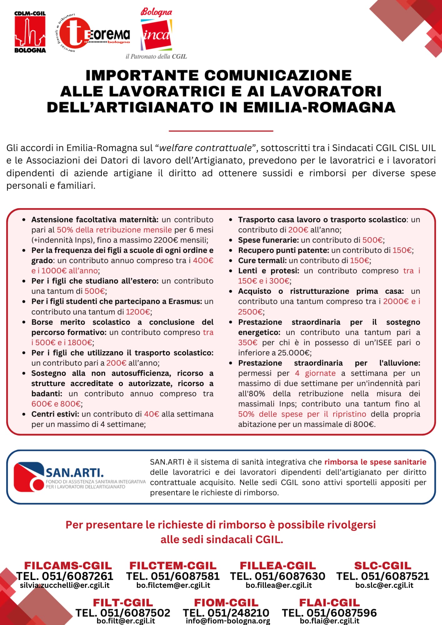 Importante comunicazione alle lavoratrici ed ai lavoratori dell'artigianato in Emilia Romagna