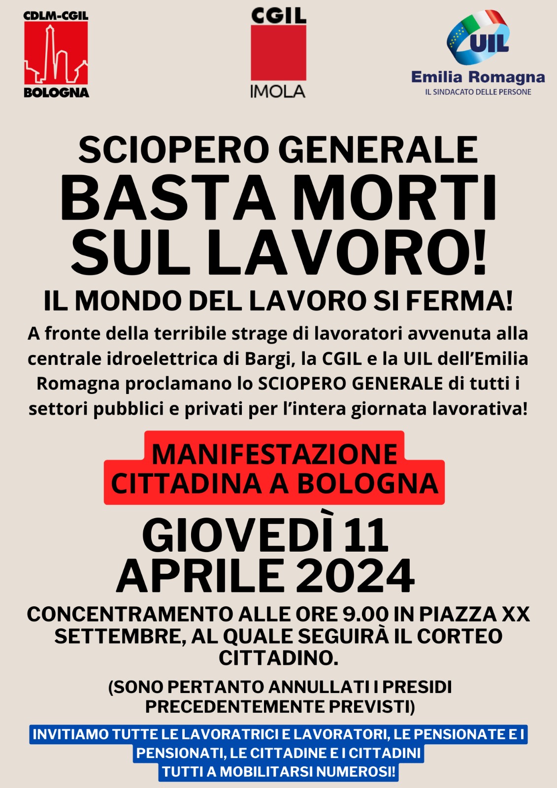 SCIOPERO GENERALE! ADESSO BASTA! Domani 11 aprile manifestazione di Cgil Bologna e Uil Emilia-Romagna per dire basta alle morti sul lavoro
