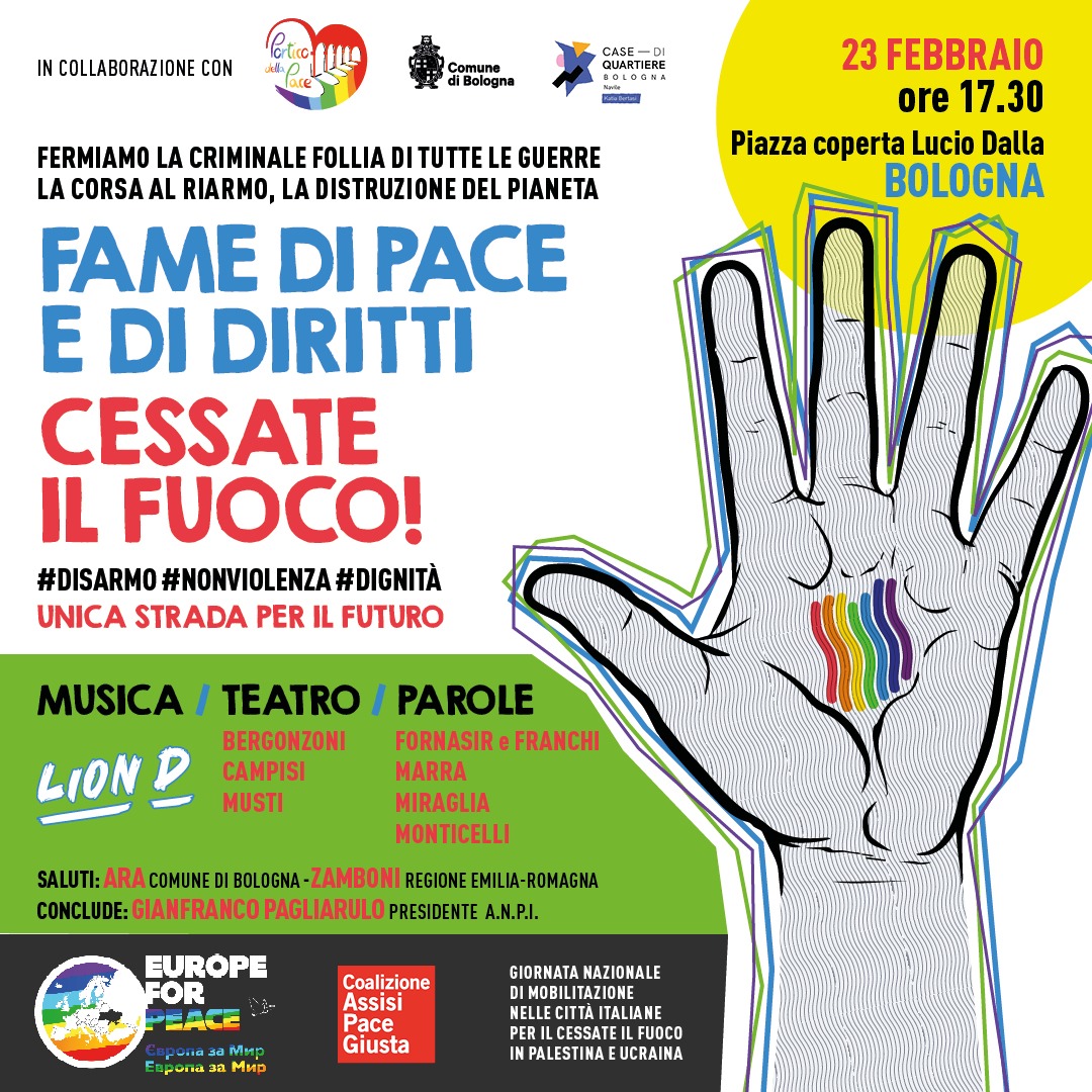 Fame di pace e di diritti: in piazza a Bologna per il Cessate il fuoco