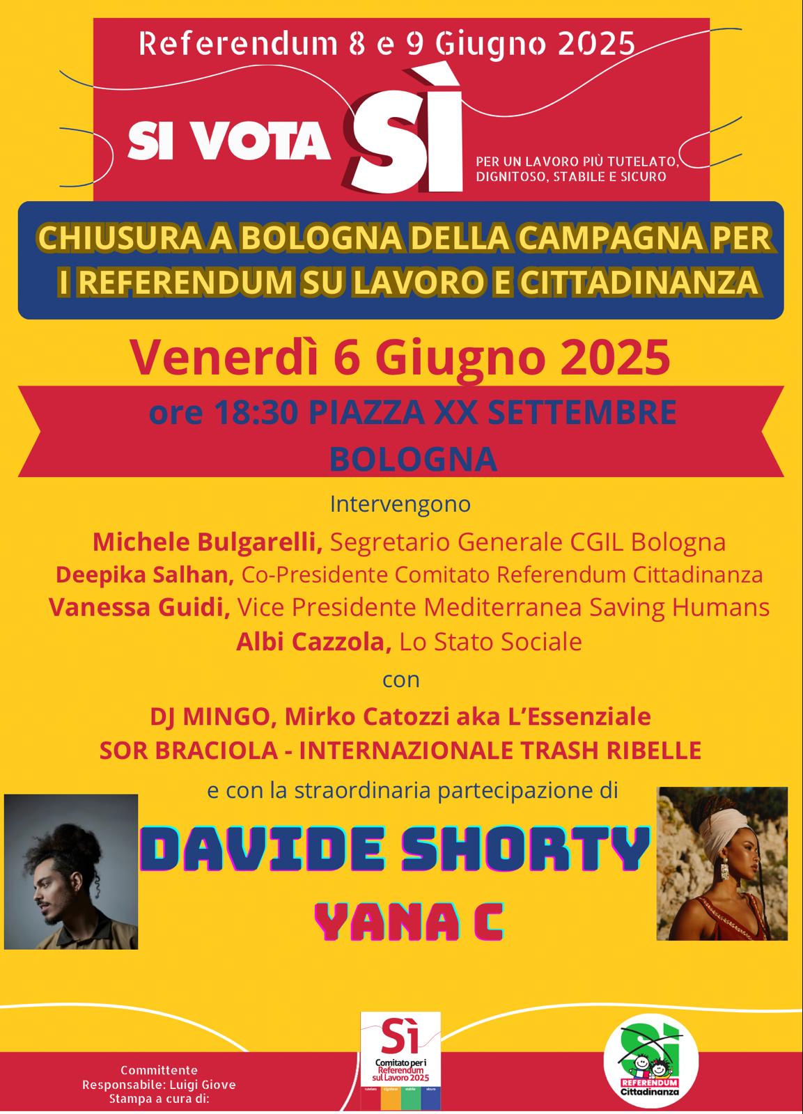 Venerd&igrave; 6 giugno evento di chiusura della campagna referendaria a Bologna 