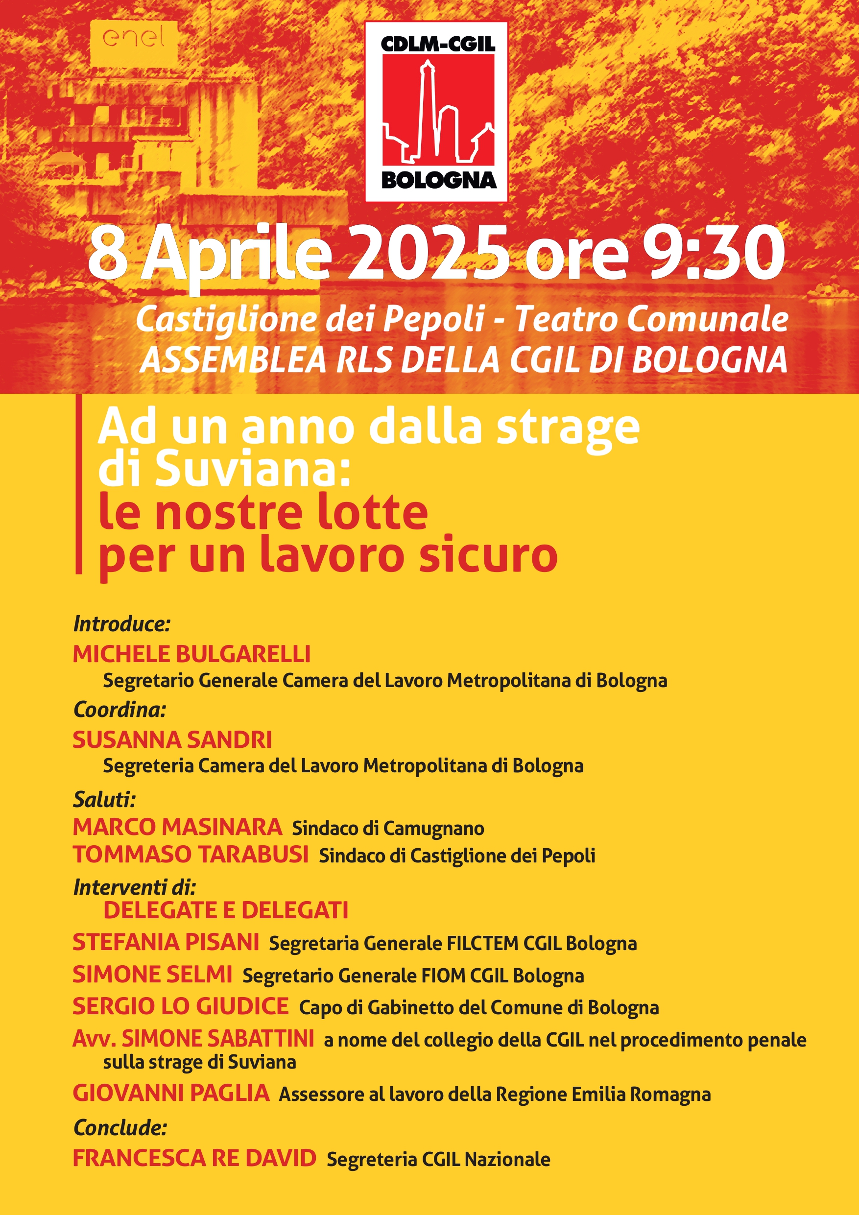 Martedì 8 aprile a Castiglione dei Pepoli Assemblea Rls a un anno dal disastro di Suviana